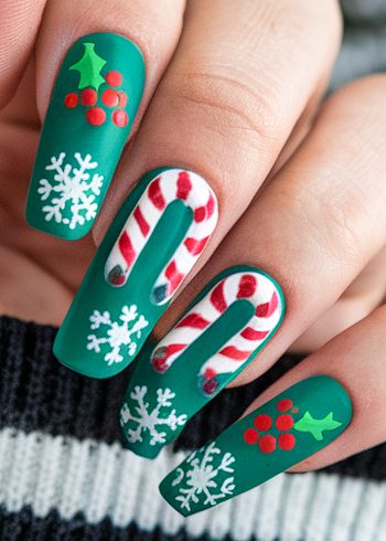 Festive Christmas nail art with holly, candy canes, and snowflakes on matte green nails.