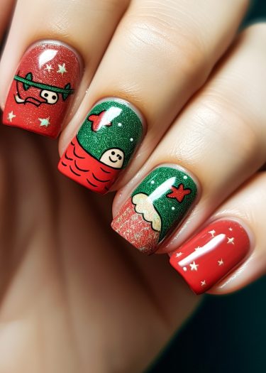 Festive holiday nail art with vibrant designs, including Santa, snow, and whimsical characters.