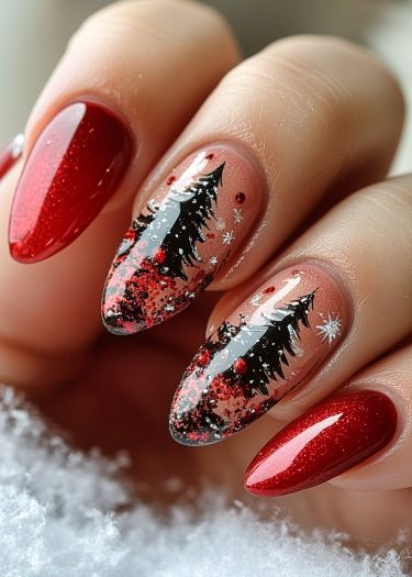 Elegant holiday nail art featuring red sparkle and wintery black and white tree designs.