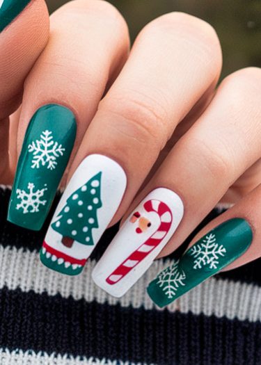 Festive holiday nail art featuring intricate designs in green, white, and red colors.