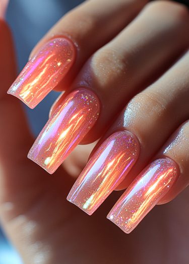 Iridescent holographic coffin nails with glitter, showcasing elegant and vibrant nail art design.