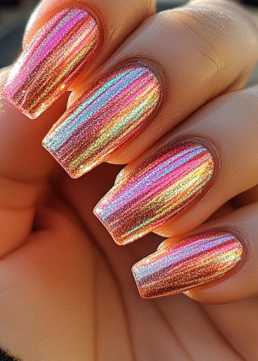 Holographic nail design featuring vibrant, colorful polish on beautifully manicured nails.