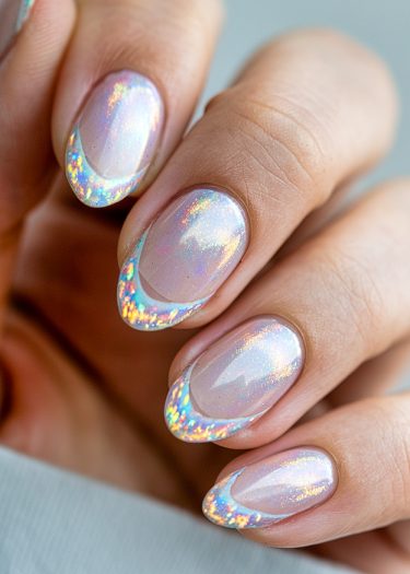 Elegant holographic nail design featuring iridescent colors and almond-shaped tips with a modern twist.