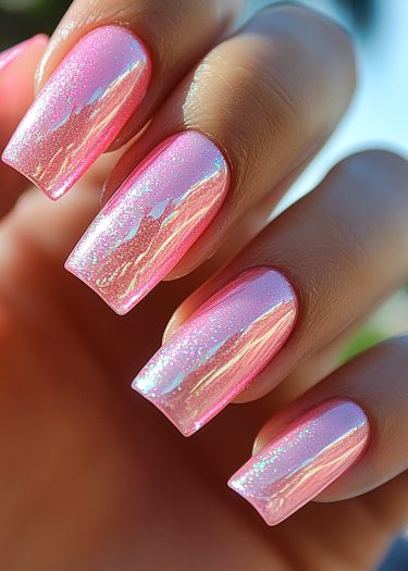 Gorgeous holographic pink nails with iridescent finish and elegant squoval shape shine beautifully.