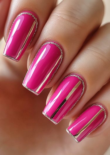 Vibrant hot pink nails with glamorous silver glitter stripes for modern nail art elegance.