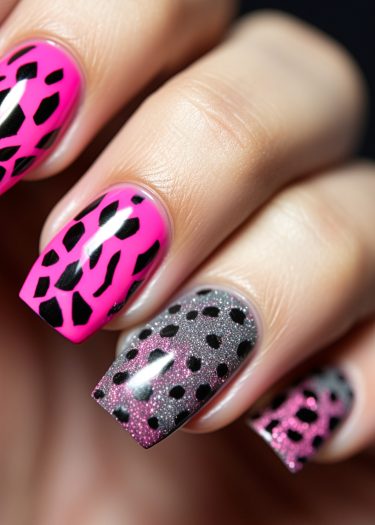 Vibrant hot pink leopard nail art with glitter accents and stylish square shape.