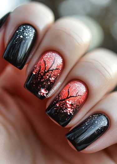 Elegant black and red nail art featuring intricate tree branches and cherry blossoms.