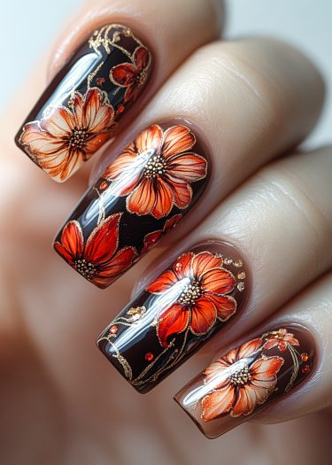 Elegant black nails featuring intricate floral art in vibrant orange and red with gold accents.