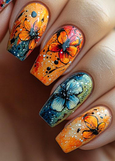 Vibrant floral nail art with intricate designs in orange, blue, and glitter accents.