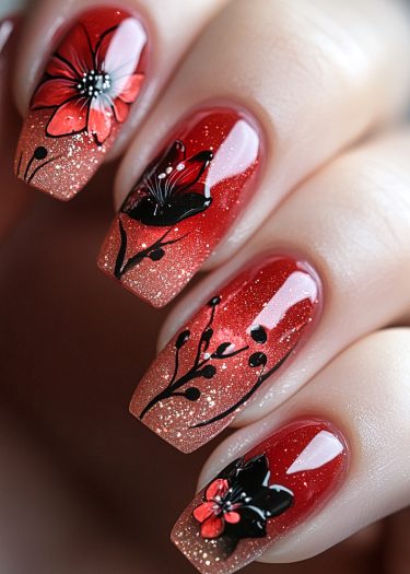 Elegant red almond-shaped nails featuring intricate black and white floral nail art design.