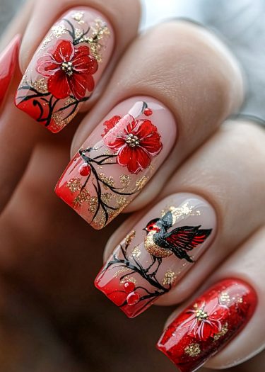 Vibrant floral nail art featuring red flowers, delicate branches, and a graceful bird illustration.