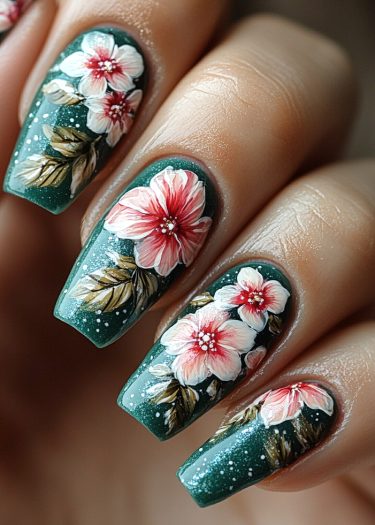 Intricate floral nail art with vibrant flowers and greenery on a deep green background.