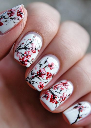 Elegant white nail art featuring intricate cherry blossoms in pink and red hues.