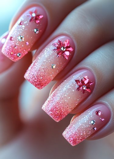 Elegant pink ombre nails with glitter and rhinestone floral designs, perfect for special occasions.