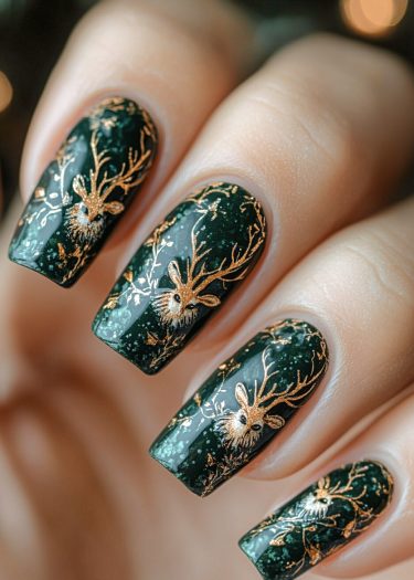 Elegant dark green nails with intricate gold reindeer antler designs for festive occasions.