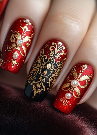 Elegant red and black nail art with intricate gold patterns and pearl accents.