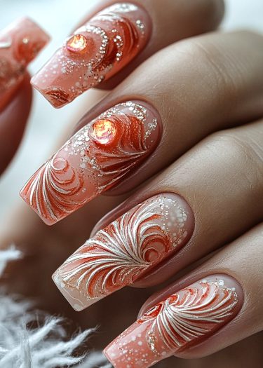 Elegant peach nail art with shimmering gold swirls and dazzling embellishments for a stunning look.