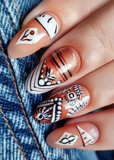 Intricate nail art designs on copper bases showcase geometric patterns against denim fabric.