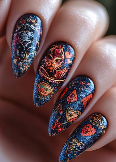 Mystical cosmic nail art featuring vibrant colors and intricate patterns on a dark starry background.