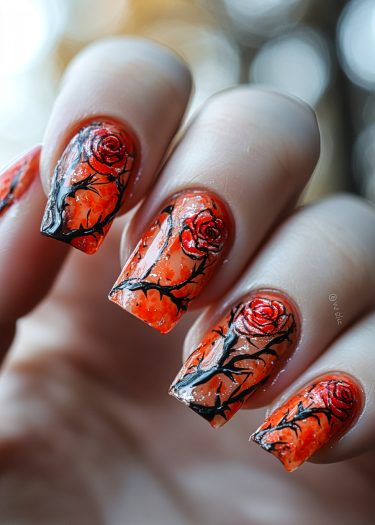 Vibrant orange nail art featuring red roses and black branches in intricate design.