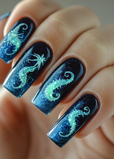 Nail art featuring dark blue base with glowing seahorse designs and star embellishments.