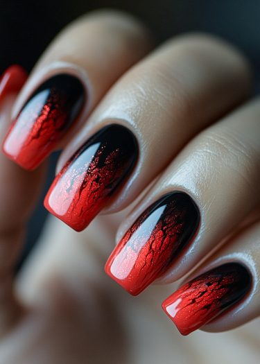 Stunning gradient ombre nail art featuring black and red with intricate detailing.