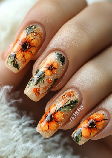 Intricate orange flower nail art with a sparkling background showcasing elegant floral designs.