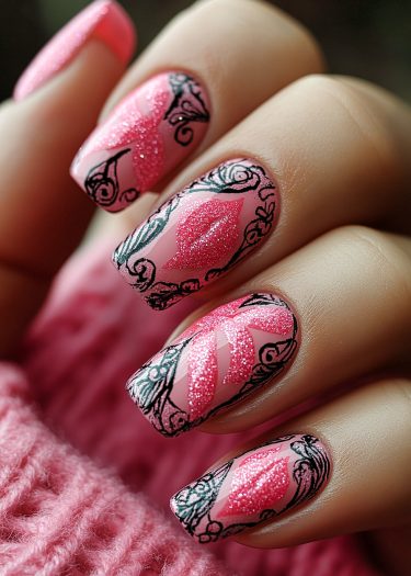 Luxurious pink nail art with glittery flowers and elegant black detailing on a cozy background.