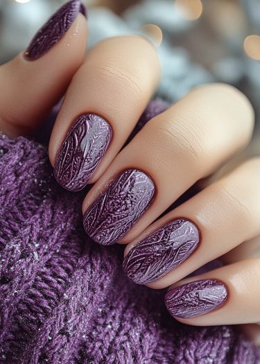 Elegant purple nail art with textured leaf designs against smooth skin and cozy fabric background.