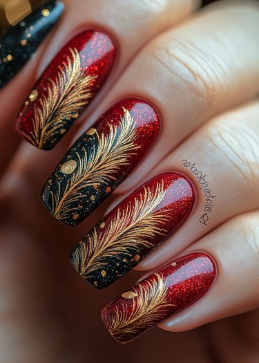 Elegant red and black nail art with glitter, gold feathers, and intricate designs.