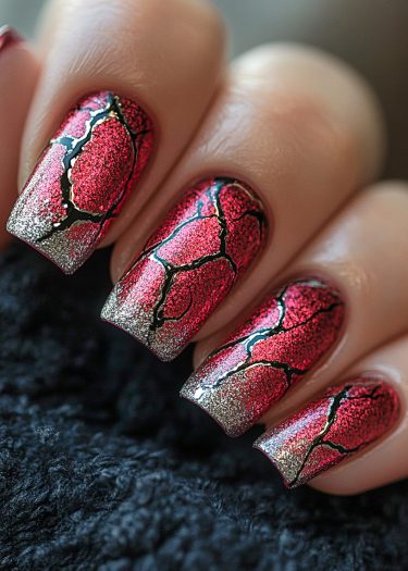 Elegant metallic red nails with intricate black designs and golden glitter tips.