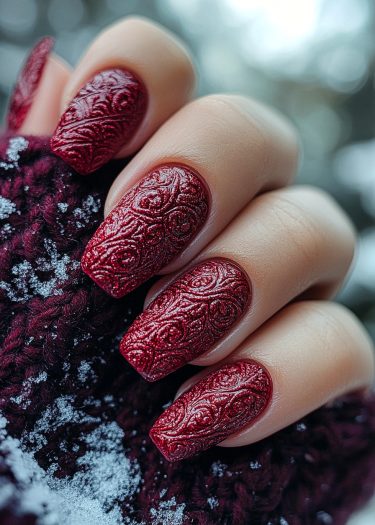 Exquisite deep red nail art shines against textured burgundy fabric with snowy accents.