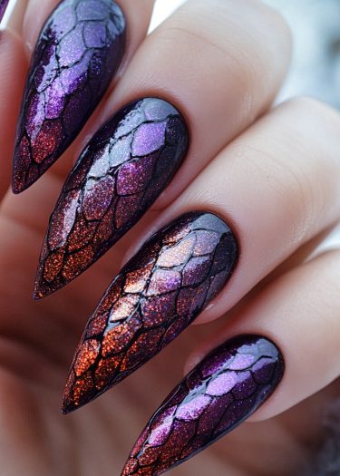 Exquisite stiletto nails with iridescent dragon scale designs and vibrant ombre colors.