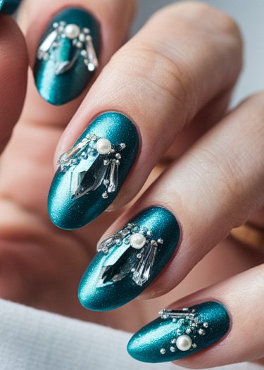 Elegant teal almond nails adorned with pearls and rhinestones, showcasing stunning nail art design.