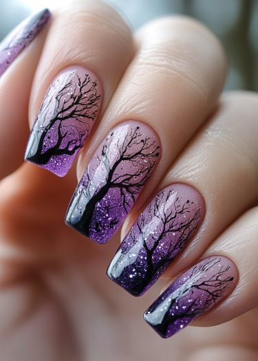 Beautiful gradient manicure with intricate tree designs and sparkling glitter accents.