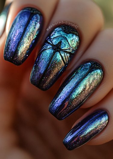 Stunning iridescent nail art design with intricate raised patterns and mesmerizing color shifts.