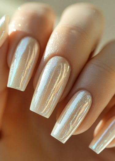 Elegant iridescent nails with a glossy finish and polished square tips in soft hues.