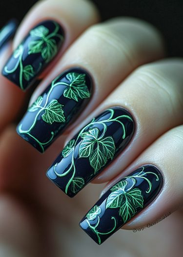 Elegant black nail art featuring intricate green ivy leaves and vines for a chic look.