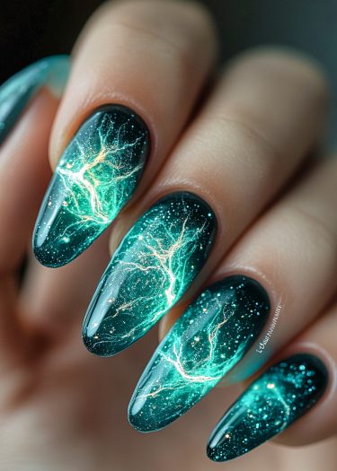 Stunning jade green nail art featuring electric lightning designs and glitter accents.