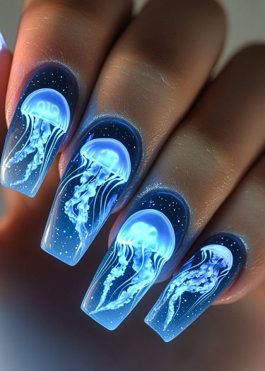 Stunning jellyfish nail art featuring glowing blue designs on a dark ocean-themed background.