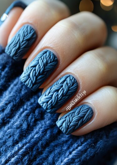 Cozy dark blue knit sweater nail art with textured designs, showcasing intricate craftsmanship.