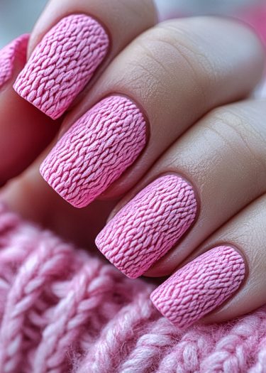 Stylish pink knit-texture nail art with meticulous detailing for a cozy winter look.