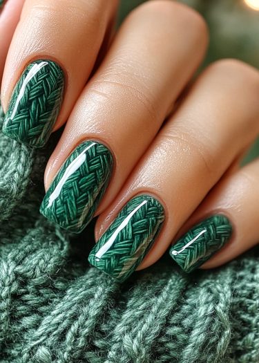 Manicured dark green nails feature intricate knit patterns, matched with a cozy sweater backdrop.