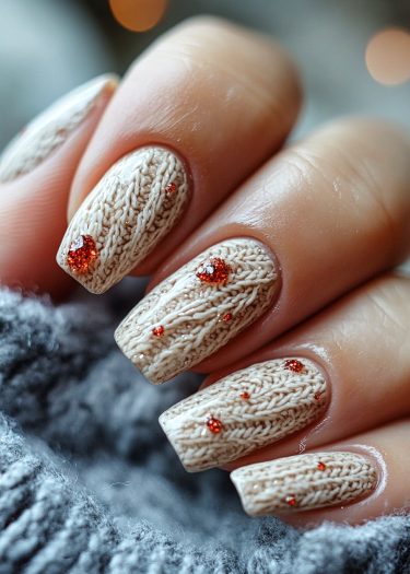 Cozy knitted nail art in beige with glitter accents for a stylish winter manicure.