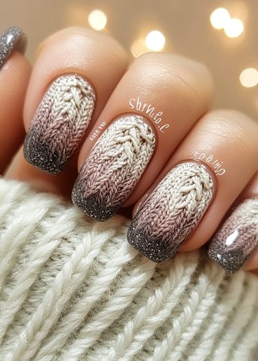 Cozy knitted nail art with gradient colors, perfect for winter fashion inspiration.