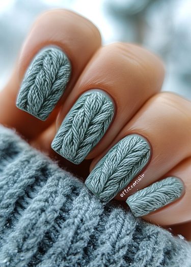 Elegant knitted nail art design in soft blue-gray, inspired by cozy winter textiles.