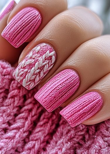 Stylish pink knitted sweater nail art showcasing intricate textures and designs on fingernails.