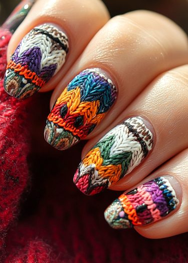 Vibrant knitted fabric-inspired nail art showcasing intricate designs and colors on medium-length nails.