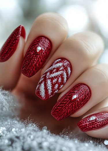 Intricate red knitted sweater nail art with geometric white bead design and pearlescent embellishments.