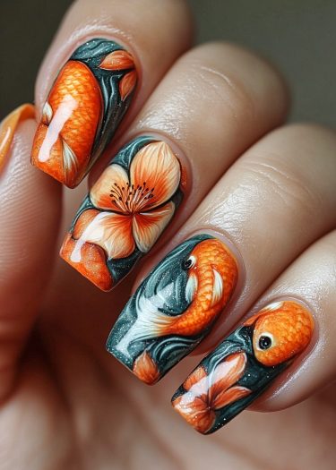 Intricate koi fish nail art featuring aquatic life and floral designs on beautifully painted nails.